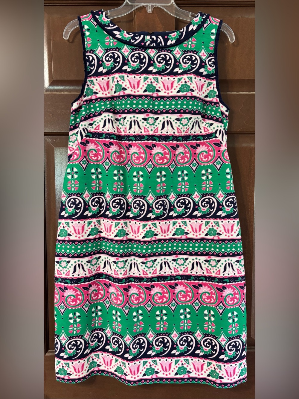 Talbots retro sheath dress size 8. Navy blue,pink,green, white